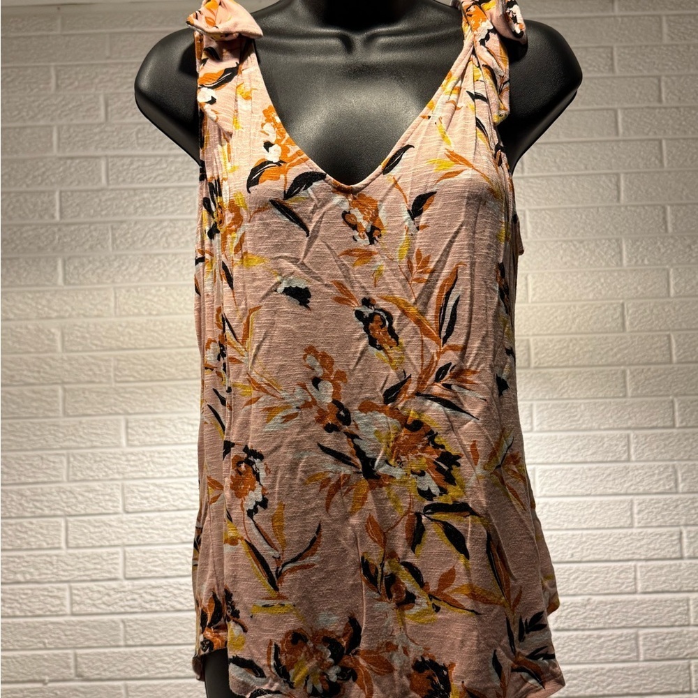 White House Black Market Tan and Orange Ruffled‎ V-neck Tank Top